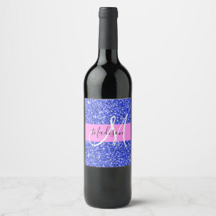 Glam Dunkelblau Pink Glitter Funkeln Name Monogram Weinetikett