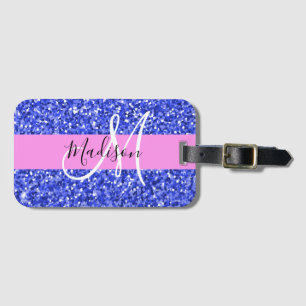 Glam Dunkelblau Pink Glitter Funken Name Monogramm Gepäckanhänger