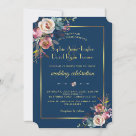 Glam Dusty Blue Floral Golden Frame Wedding Einladung