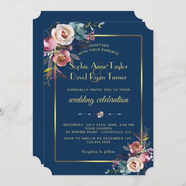 Glam Dusty Blue Floral Golden Frame Wedding Einladung (Vorne/Hinten)