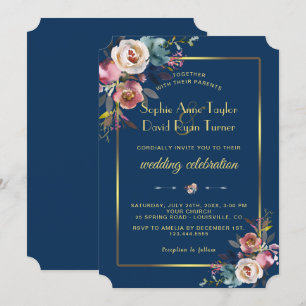 Glam Dusty Blue Floral Golden Frame Wedding Einladung