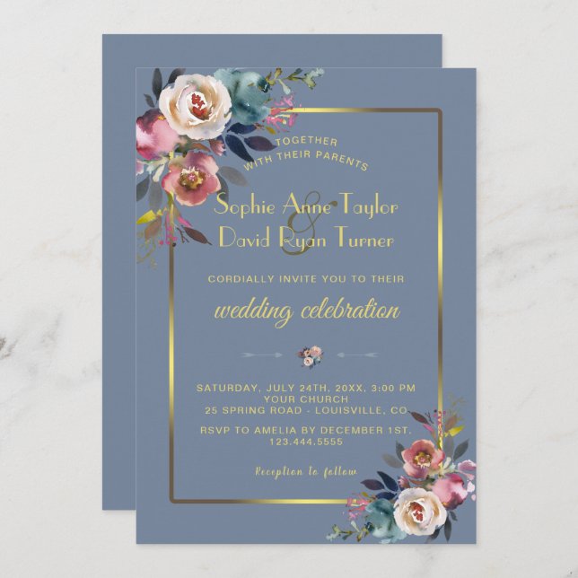 Glam Dusty Blue Pink Floral Gold Rahmen Wedding Einladung (Vorne/Hinten)