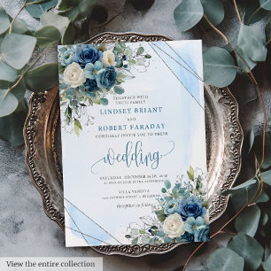 Glam Dusty Blue Silver Frame Wedding Einladung