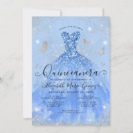 Glam Dusty Blue Silver Glitzer Gown Quinceanera Einladung