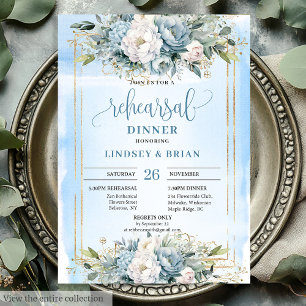 Glam Dusty Blue White Floral Gold Probe Einladung