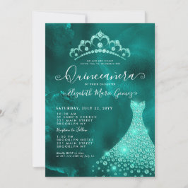 Glam Emerald Green Diamond Tiara Kleid Quinceanera Einladung