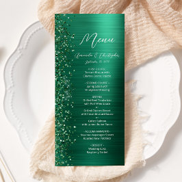 Glam Emerald Green Glitzer Brushed Metal Wedding Menükarte