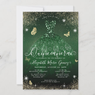 Glam Emerald Green Gold Glitzer Gown Quinceanera Einladung