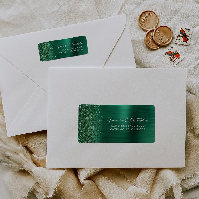 Glam Emerald Green Metallic Wedding Rücksendeadres (Von Creator hochgeladen)
