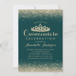Glam Emerald Green Quinceañera Gold Tiara Glitzer Einladung