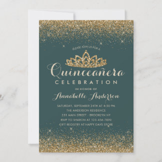 Glam Emerald Green Quinceañera Gold Tiara Glitzer Einladung