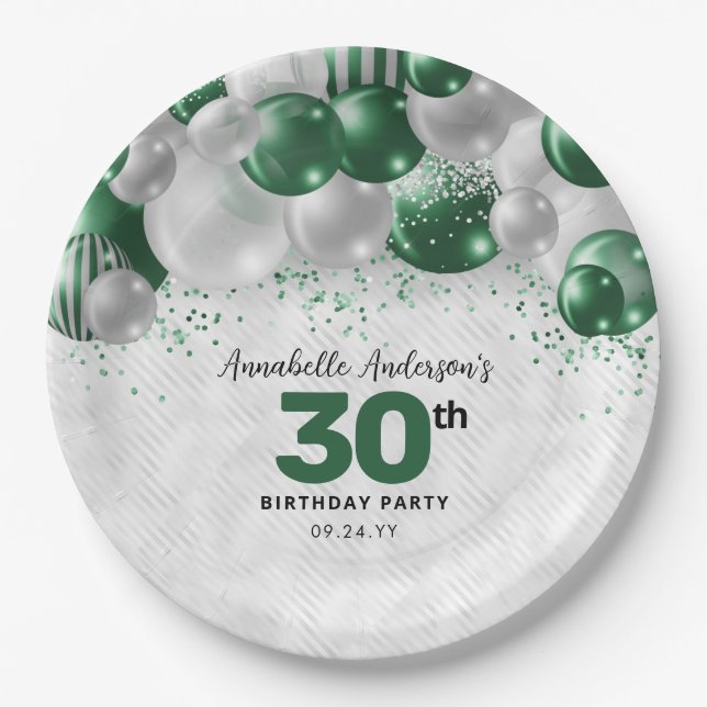 Glam Emerald Green Silver Ballon Glitzer Geburtsta Pappteller (Vorderseite)
