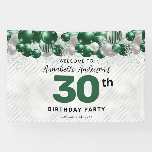 Glam Emerald Green Silver Balloon Glitzer Willkomm Banner (Horizontal)
