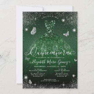 Glam Emerald Green Silver Glitzer Gown Quinceanera Einladung