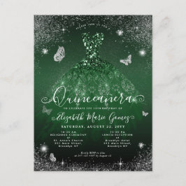 Glam Emerald Green Silver Glitzer Gown Quinceanera Postkarte