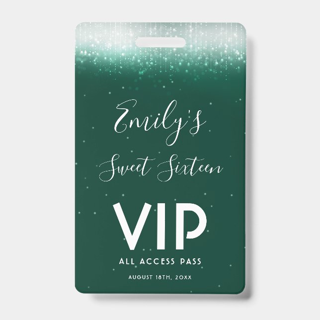 Glam Emerald Sweet 16 Einladung VIP Pass Abzeichen Ausweis (Vorderseite)