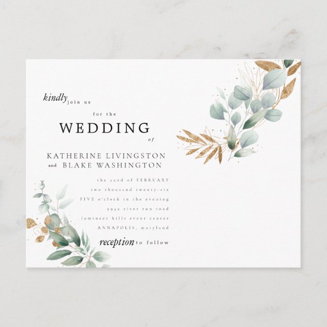 Glam Eucalyptus Budget II Postcard Wedding Einladungspostkarte (Vorderseite)