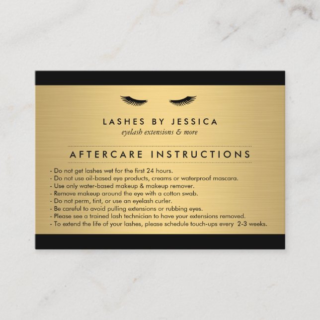 Glam Eyelashes Black and Gold Aftercare Card Visitenkarte (Vorderseite)
