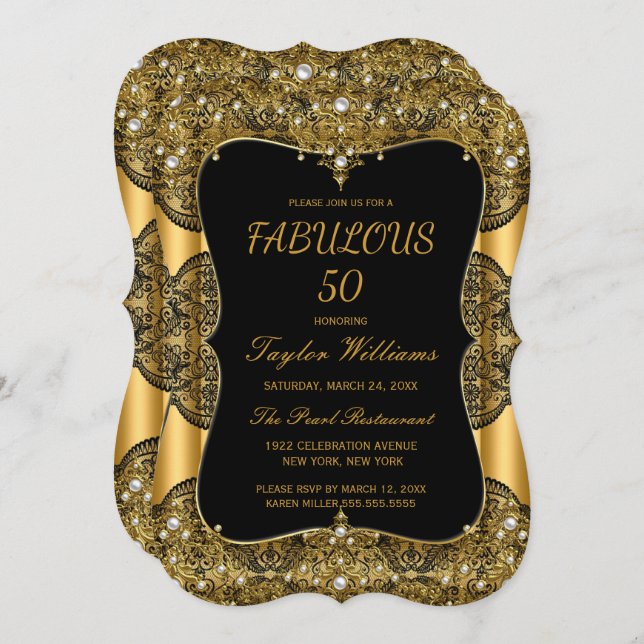 Glam Fabulous 50 Party Black Lace Pearl Gold Einladung (Vorne/Hinten)