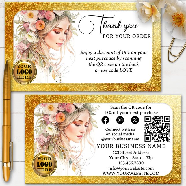 Glam Feminine Vielen Dank für Ihre Bestellung Visitenkarte (Glam Thank You for your order business card showing a watercolor design with gold glitter - QR code)