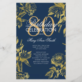 Glam Floral 80. Geburtstag Programm Gold Navy Menü