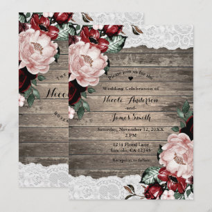 Glam Floral Rustic Wood Lace Barn Country Wedding Einladung