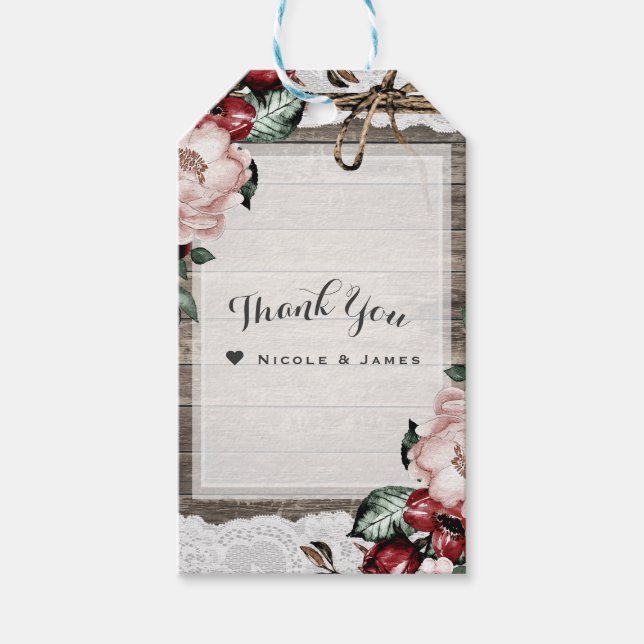 Glam Floral Rustic Wood & Lace Barn Hochzeit Geschenkanhänger (Vorderseite)