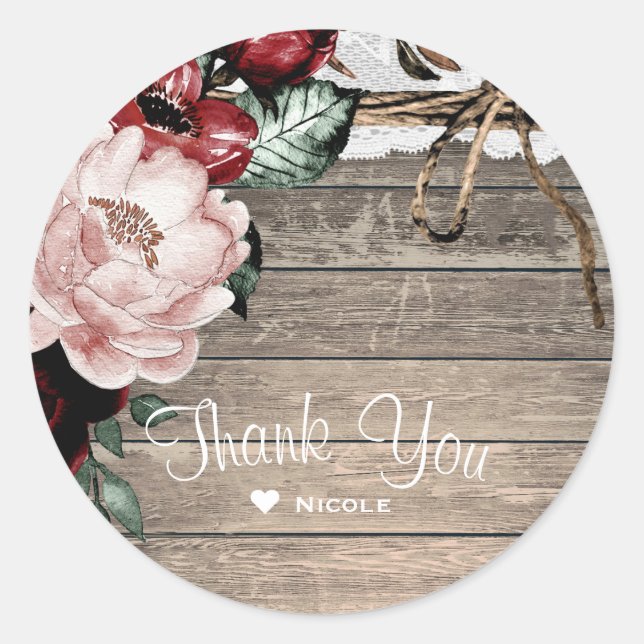 Glam Floral Rustic Wood & Lace Barn Hochzeit Runder Aufkleber (Vorderseite)
