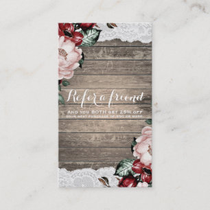 Glam Floral Rustikales Holz & Spitzen Chic Refer a Empfehlungskarte