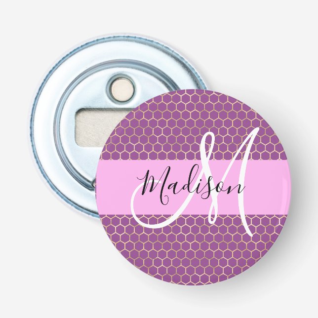 Glam Fuchsia Metallic Pink Honeycomb Monogram Name Flaschenöffner (Vorderseite)