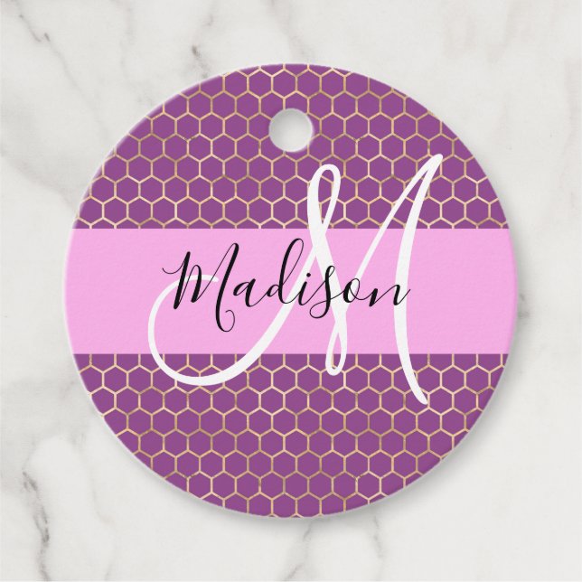 Glam Fuchsia Metallic Pink Honeycomb Monogram Name Geschenkanhänger (Vorderseite)