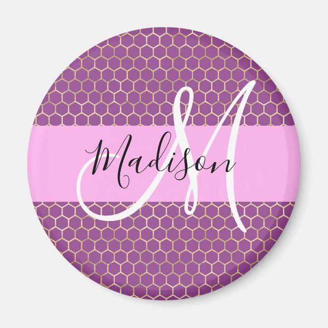 Glam Fuchsia Metallic Pink Honeycomb Monogram Name Magnet (Vorne)