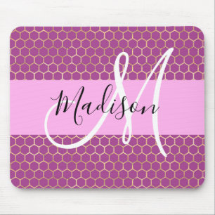 Glam Fuchsia Metallic Pink Honeycomb Monogram Name Mousepad