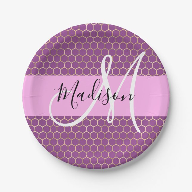 Glam Fuchsia Metallic Pink Honeycomb Monogram Name Pappteller (Vorderseite)