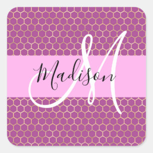 Glam Fuchsia Metallic Pink Honeycomb Monogram Name Quadratischer Aufkleber