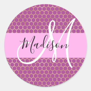 Glam Fuchsia Metallic Pink Honeycomb Monogram Name Runder Aufkleber