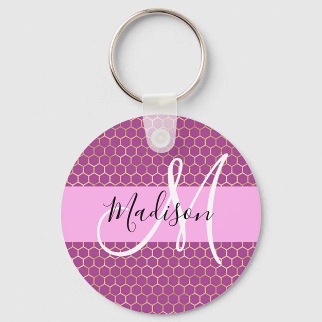 Glam Fuchsia Metallic Pink Honeycomb Monogram Name Schlüsselanhänger (Vorderseite)