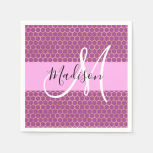 Glam Fuchsia Metallic Pink Honeycomb Monogram Name Serviette