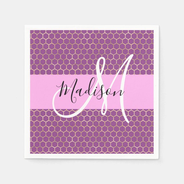 Glam Fuchsia Metallic Pink Honeycomb Monogram Name Serviette (Vorderseite)