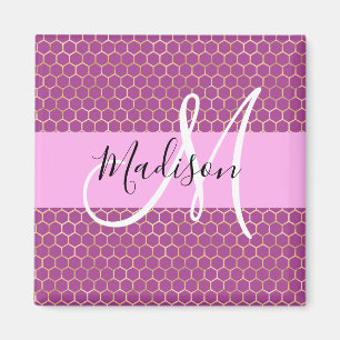 Glam Fuchsia Metallic Rosa Waben Monogramm Name Magnet