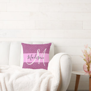 Glam Fuchsia Metallisch Rosa Honigwaben Monogramm Kissen