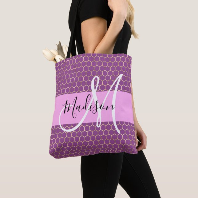 Glam Fuchsia Metallisch Rosa Waben Monogramm Name (Von Nahem)