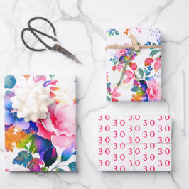 Glam Garden Aquarell Floral 30. Geburtstag Geschenkpapier Set
