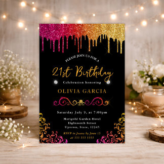Glam Gelb und Rosa Glitzer 21. Geburtstag Einladung