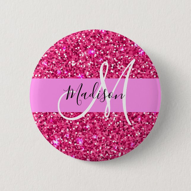 Glam Girly Hot Pink Glitzer Glitzern Name Monogram Button (Vorderseite)