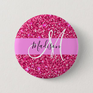 Glam Girly Hot Pink Glitzer Glitzern Name Monogram Button
