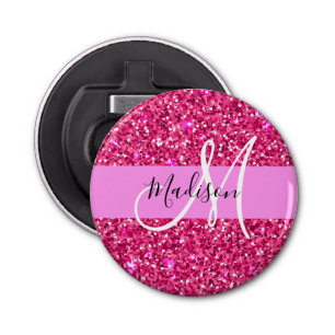 Glam Girly Hot Pink Glitzer Glitzern Name Monogram Flaschenöffner