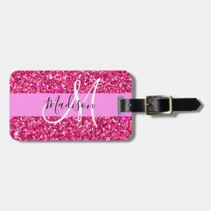 Glam Girly Hot Pink Glitzer Glitzern Name Monogram Gepäckanhänger