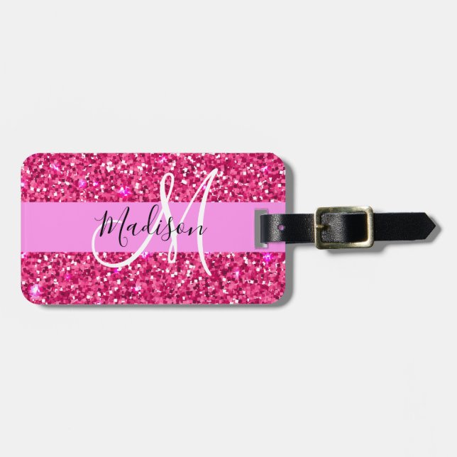 Glam Girly Hot Pink Glitzer Glitzern Name Monogram Gepäckanhänger (Vorderseite horizontal)
