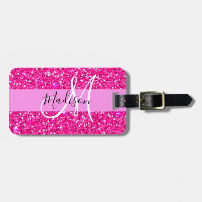 Glam Girly Hot Pink Glitzer Glitzern Name Monogram Gepäckanhänger (Vorderseite horizontal)
